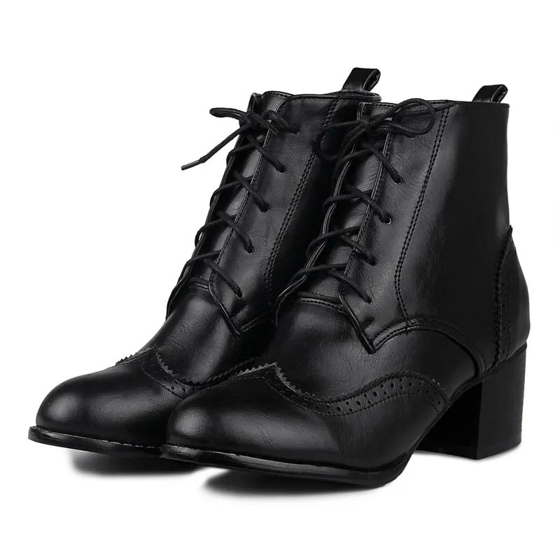 Women Lace Up Chunky High Heel Ankle Boots