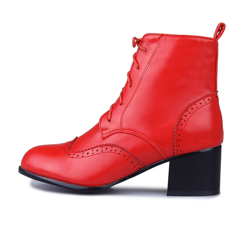 Women Lace Up Chunky High Heel Ankle Boots