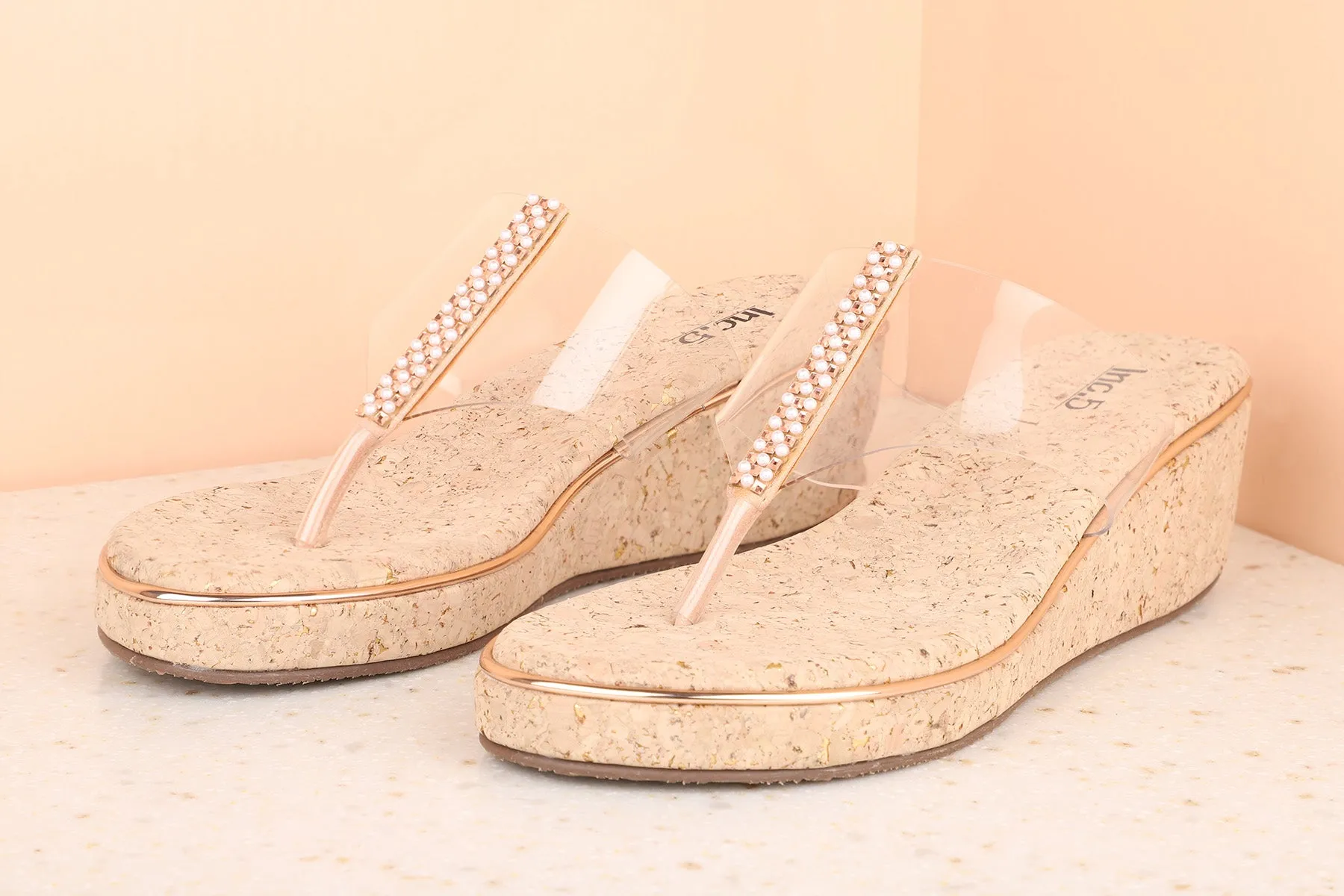 Women Rose Gold Transparent Embellished Open Toe Wedges