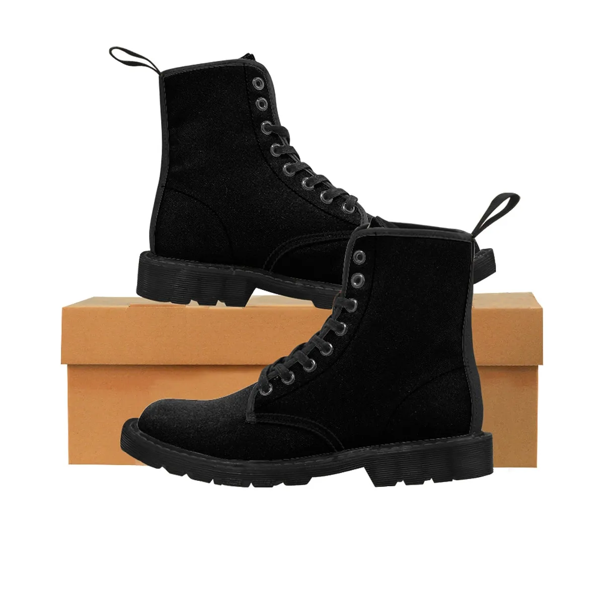 Women's Black Winter Boots, Classic Solid Color Designer Winter Lace-up Toe Cap Boots (US Size: 6.5-11)