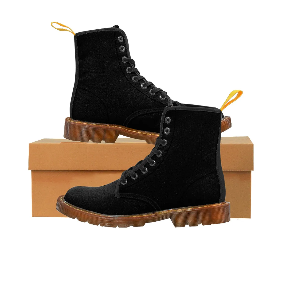 Women's Black Winter Boots, Classic Solid Color Designer Winter Lace-up Toe Cap Boots (US Size: 6.5-11)