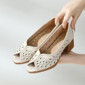 Women's Casual Shoes: Leather Mid Heel Hollow Sandals - KZ321