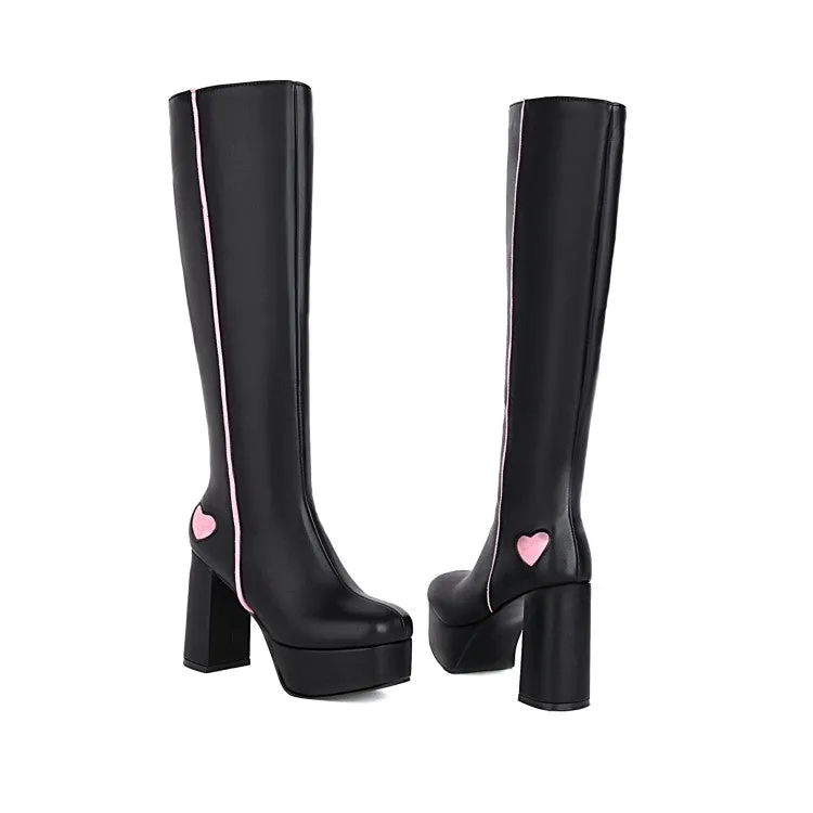 Women's Pu Leather Square Toe Bicolor Love Hearts Side Zippers Block Chunky Heel Platform Knee High Boots