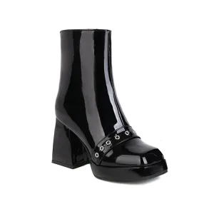 Women's Pu Leather Square Toe Side Zippers Block Heel Platform Short Boots