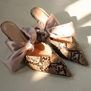 xiangtuibao French Silk Tie Bow Sandals New Low-heeled Shoes Pointed Stilettos