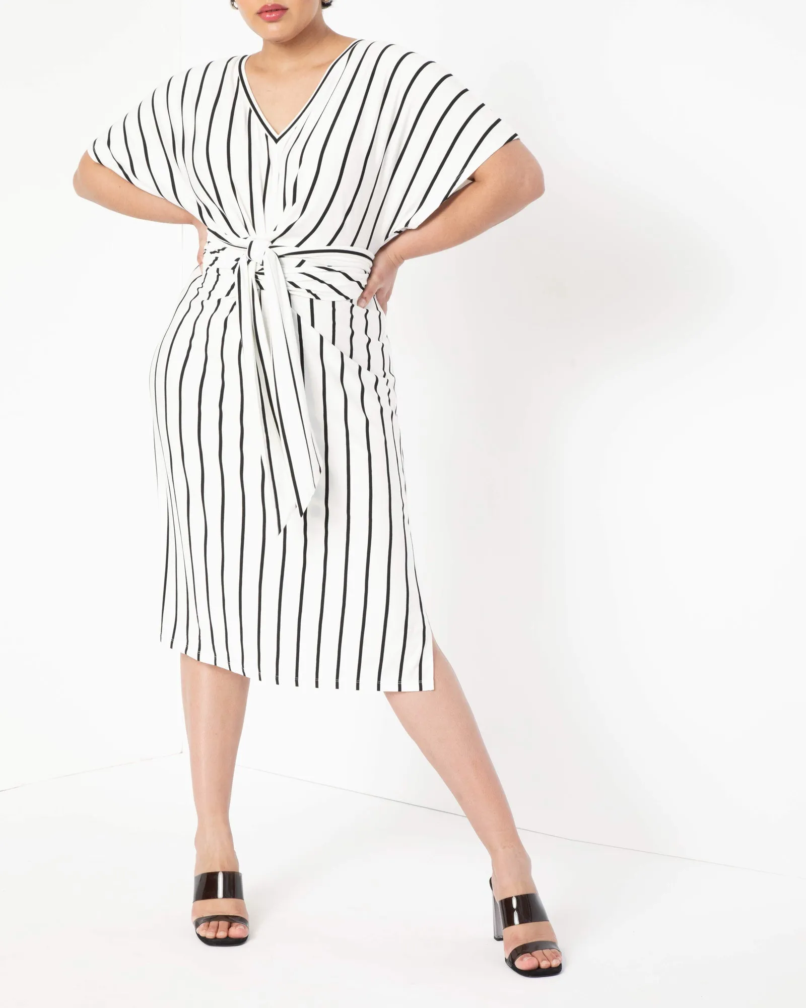 Yuna Striped Tie Front Dress | Black / White